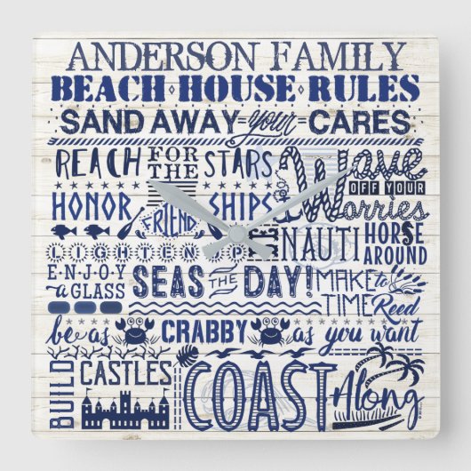 Horloge Carrée Beach House Rules Custom Family Nom Blue Coastal (Recto)