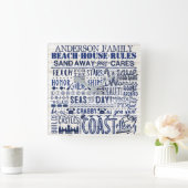 Horloge Carrée Beach House Rules Custom Family Nom Blue Coastal (Maison)