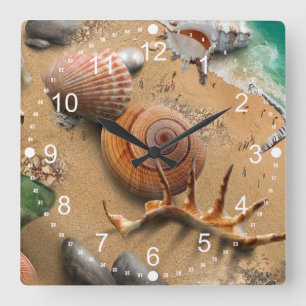 Horloge Carrée Beach Seashells Sand Waves été