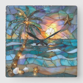 Horloge Carrée Beach Sunset Stained Glass Wall Clock (Recto)