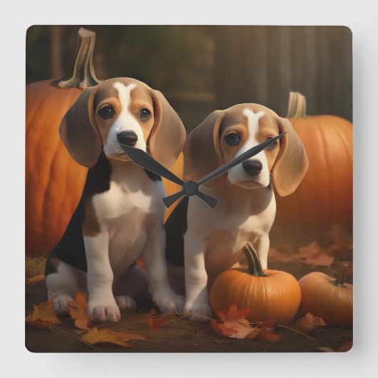 Horloge Carrée Beagle Puppy Automne Citrouille de plaisir (Recto)