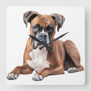HORLOGE CARRÉE BEAU CHIEN DE BOXE TRI-COLORÉ