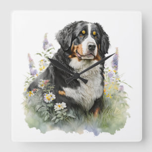 HORLOGE CARRÉE BEAU CHIEN DE MONTAGNE BERNESE AVEC FLEURS