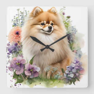 HORLOGE CARRÉE BEAU CHIEN POMERANIEN ROUGE AVEC FLEUR SAUVAGE