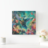 Horloge Carrée Beau colibri entouré de fleurs (Maison)