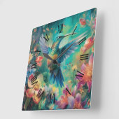 Horloge Carrée Beau colibri entouré de fleurs (Angle)