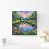 Horloge Carrée Beau coucher de soleil sur une rivière (Maison)