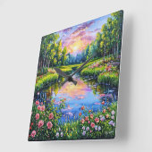 Horloge Carrée Beau coucher de soleil sur une rivière (Angle)