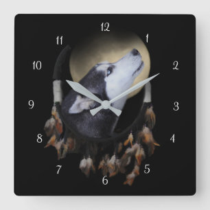 Horloge Carrée Beau Husky Chien et Dream Catcher