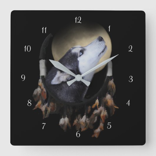 Horloge Carrée Beau Husky Chien et Dream Catcher (Recto)