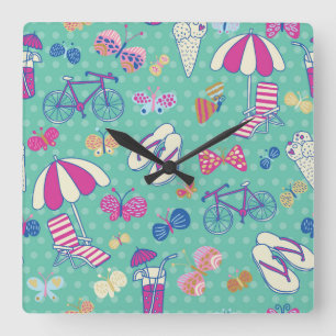 Horloge Carrée Beau motif avec des éléments d'été