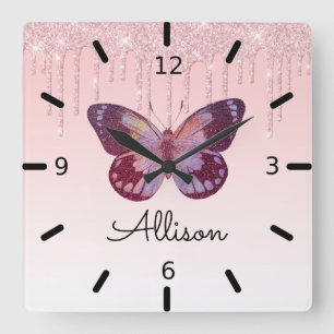 Horloge Carrée Beau Papillon pourpre personnalisé