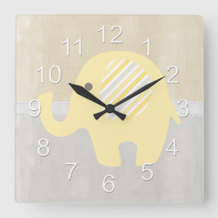 Horloge Carrée Beau Pastel Jaune Bébé Eléphant Neutre Neutre