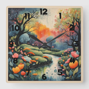 Horloge Carrée Beau paysage pastel dans la pluie de printemps