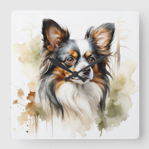 HORLOGE CARRÉE BEAU PETIT CHIEN DE PAPILLON TRI-COLORÉ