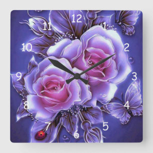 Horloge Carrée Beau Rose de néon pourpre et bug dame