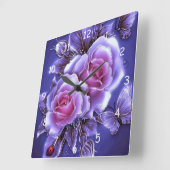 Horloge Carrée Beau Rose de néon pourpre et bug dame (Angle)