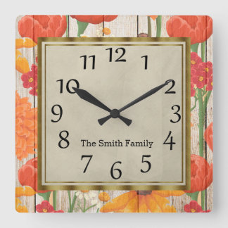 Horloge Carrée Beau Rouge Orange Jaune Bois Floral