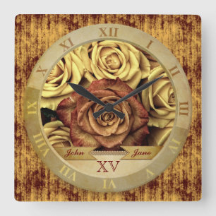 Horloge Carrée Beau ruban vintage élégant d'or de roses jaunes