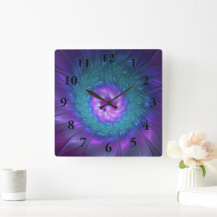 Horloge Carrée Beauté florale abstraite Art fractal coloré Fleur
