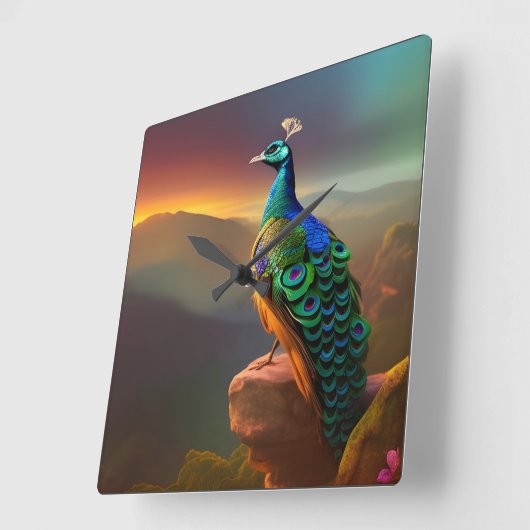 Horloge Carrée Beautiful Peacock accueille la journée (Angle)