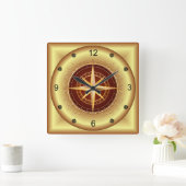 Horloge Carrée Beautiful Unique Gold & Maroon Compass ~ (Maison)