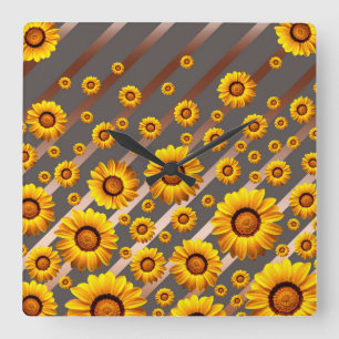 Horloge Carrée Beautiful yellow flowers on gray, brown stripes