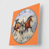 Horloge Carrée Beaux Chevaux Sauvages (Angle)