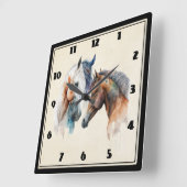Horloge Carrée Beaux Chevaux Style Boho Occidental (Angle)