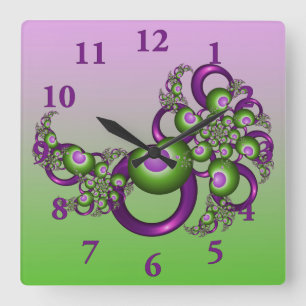 Horloge Carrée Beaux cœurs roses verts modernes abstraits fractal