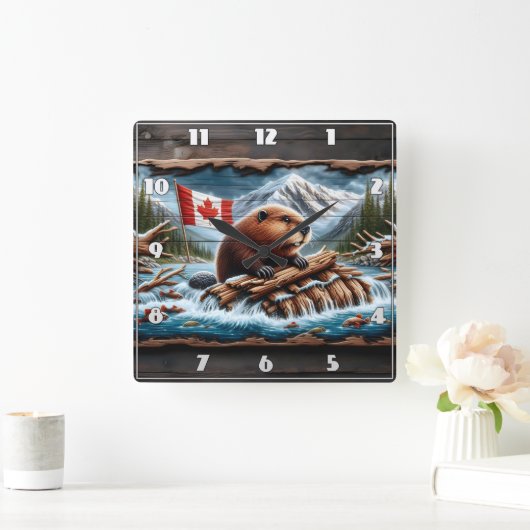 Horloge Carrée Beaver Builds Lodge by Mountain Stream (Maison)