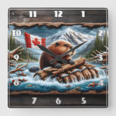 Horloge Carrée Beaver Builds Lodge by Mountain Stream (Recto)