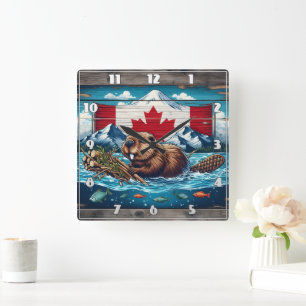 Horloge Carrée Beaver Builds Lodge, Drapeau derrière