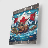 Horloge Carrée Beaver Builds Lodge, Drapeau derrière (Angle)