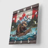 Horloge Carrée Beaver by Mountain, drapeau canadien (Angle)