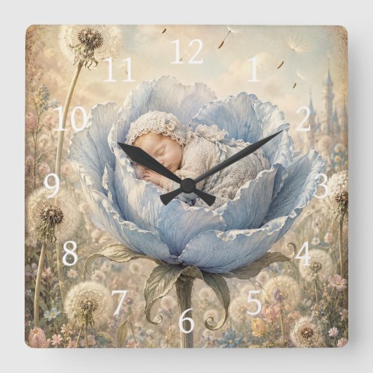 Horloge Carrée Bébé endormi dans une fleur bleue (Recto)
