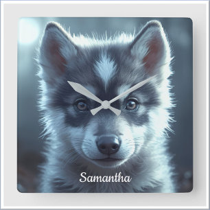 Horloge Carrée Bébé loup adorable au clair de lune