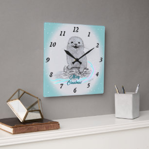 Horloge Carrée Bébé loutre de mer blanche mignonne, Joyeux Noël