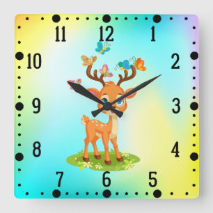 Horloge Carrée Bébé mignon cerf jouant avec des papillons-23475
