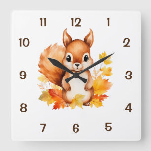 Horloge Carrée Bébé mignon Écureuil animal Feuilles d'automne