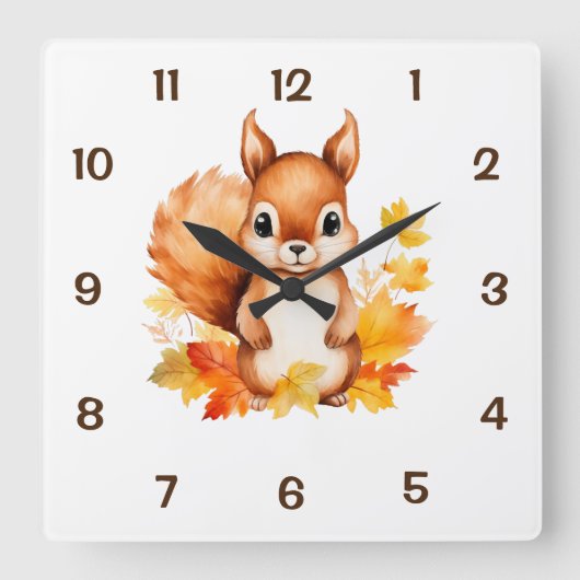 Horloge Carrée Bébé mignon Écureuil animal Feuilles d'automne (Recto)