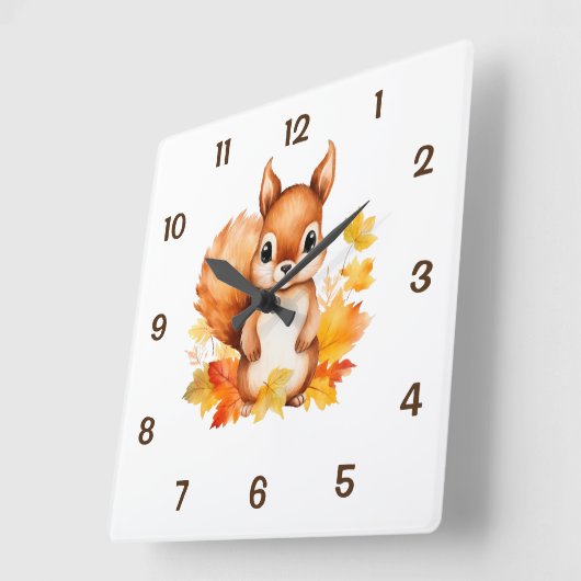 Horloge Carrée Bébé mignon Écureuil animal Feuilles d'automne (Angle)