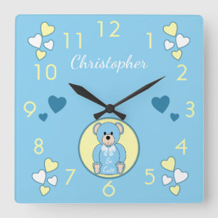 Horloge Carrée Bébé ours en peluche bleu avec coeur d'amour et un