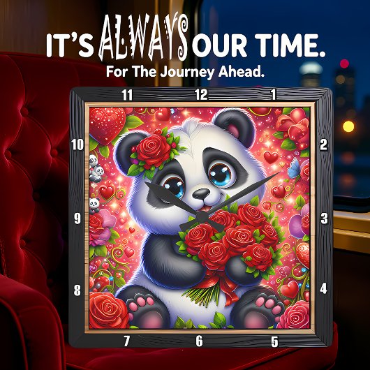 Horloge Carrée Bébé Panda Rose Rouge