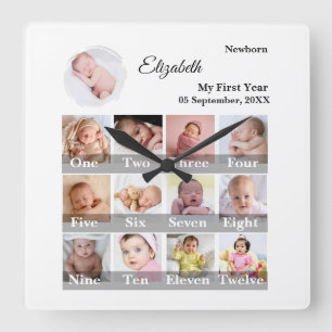 Horloge Carrée Bébé première année 12 mois photo collage étapes i