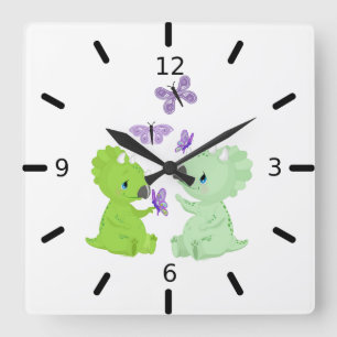 Horloge Carrée Bébés dinosaures et papillons -