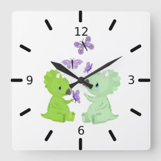Horloge Carrée Bébés dinosaures et papillons -