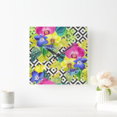 Horloge Carrée Bégonia et palmettes d'orchidée (Maison)