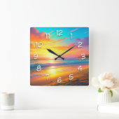 Horloge Carrée Bel coucher de soleil sur l'Ocean Sandy Beach (Maison)
