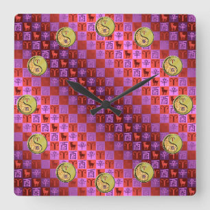 Horloge Carrée Bélier & Coq de Métal